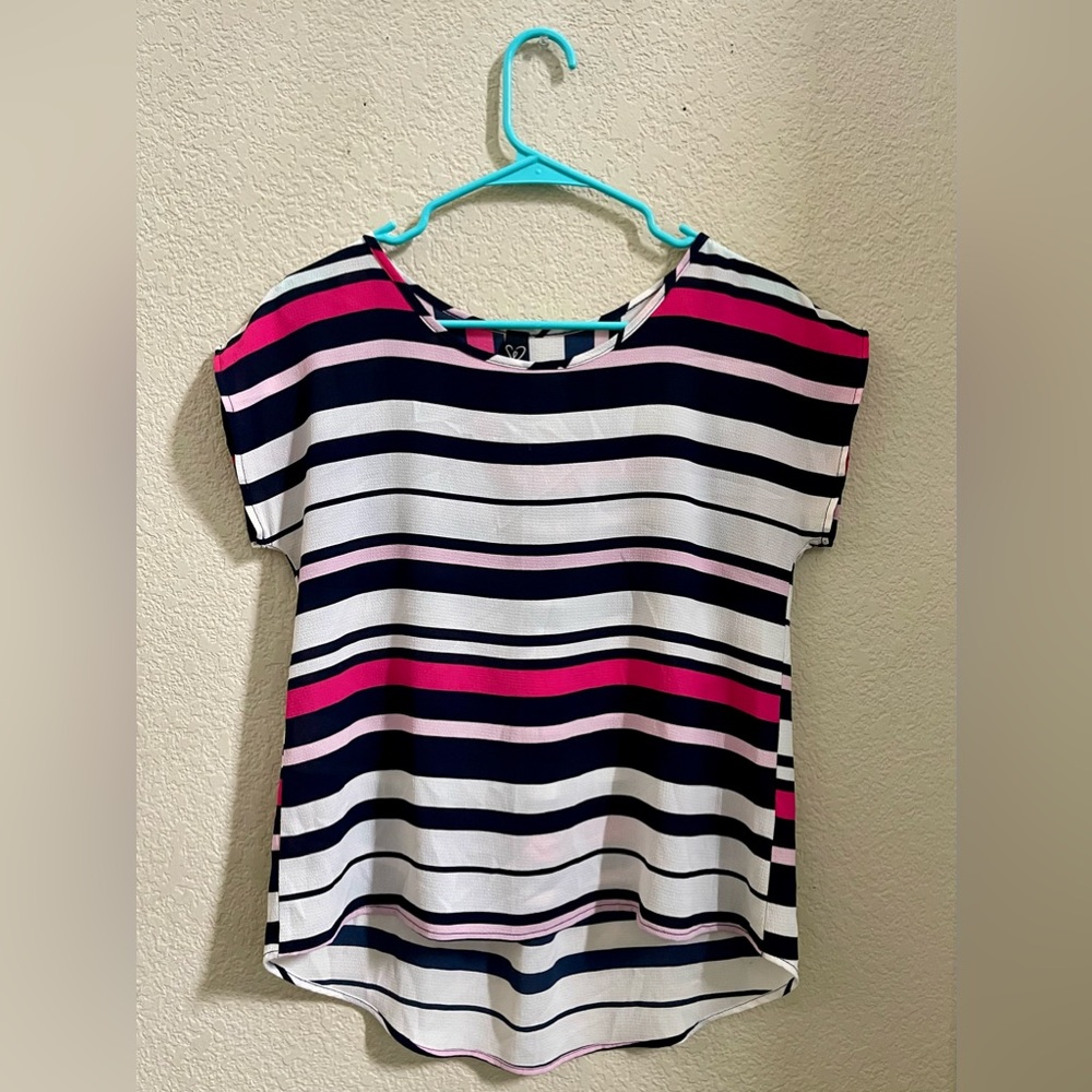 Navy Blue Striped Short Sleeve Blouse